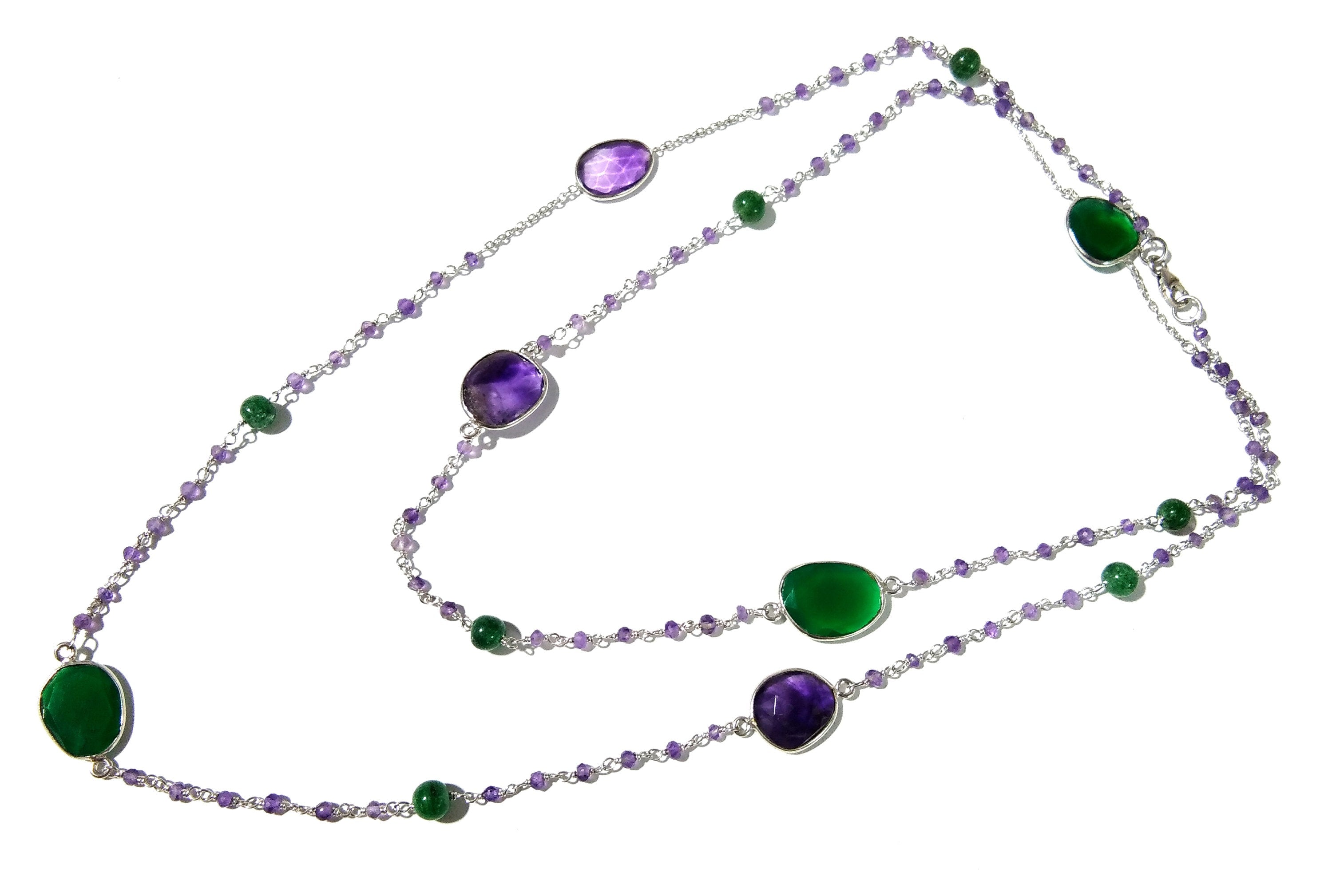 Very Beautiful Log Necklace ! ALL Natural Gemstone Beaded Necklace For Girls & Woman, 925 Starling Silver Log Necklace Length 36 inch